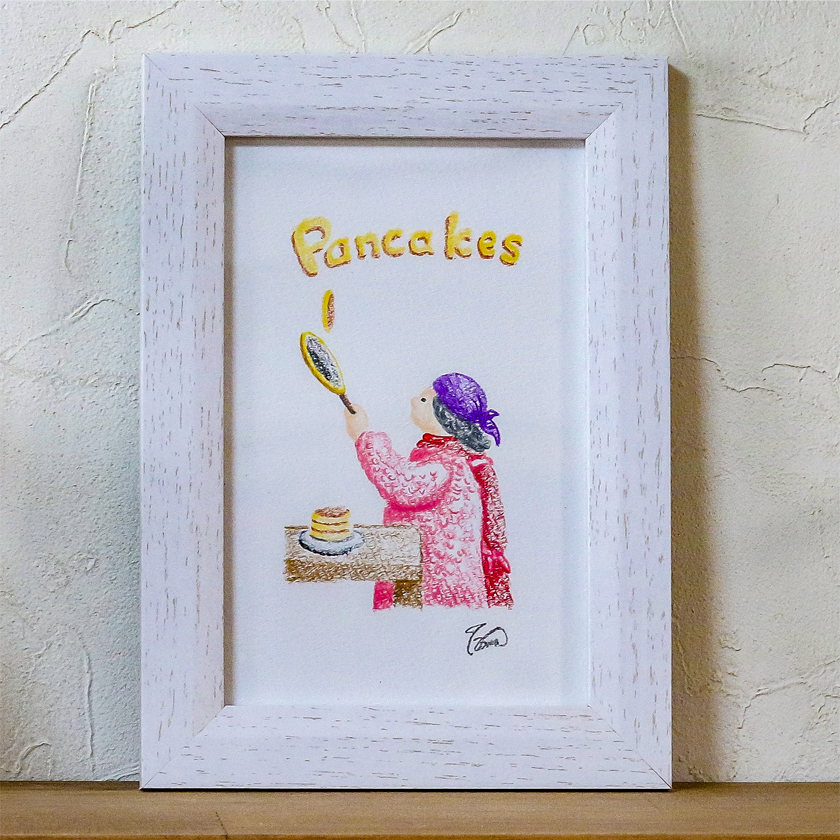 moguの色鉛筆画　ほのぼの可愛い癒し　母さんのホットケーキ