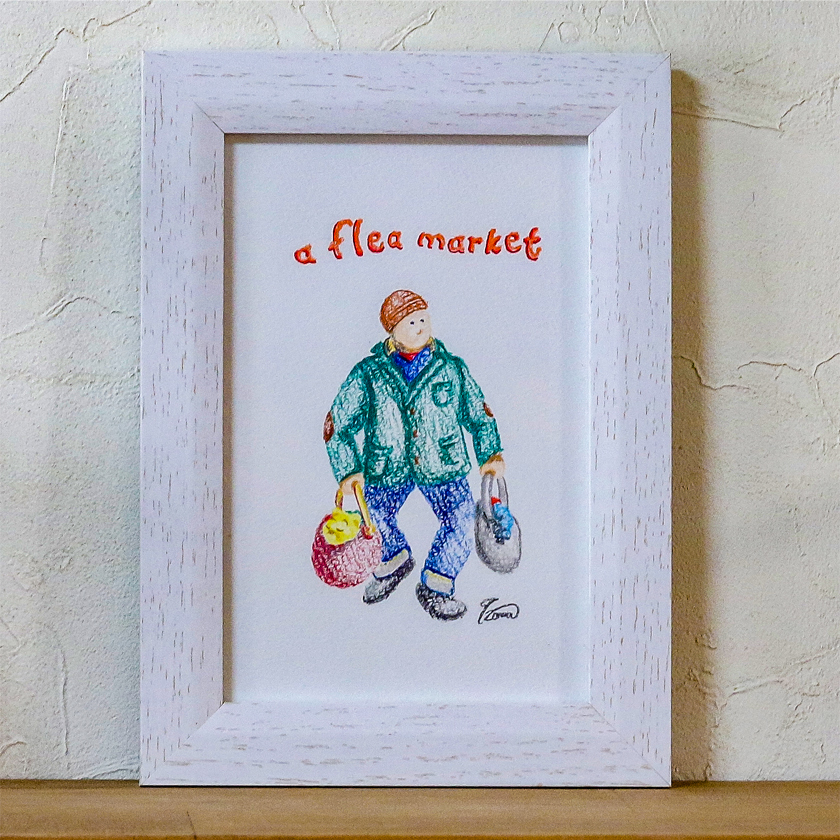 moguの色鉛筆画　ほのぼの可愛い癒し　フリマの帰り