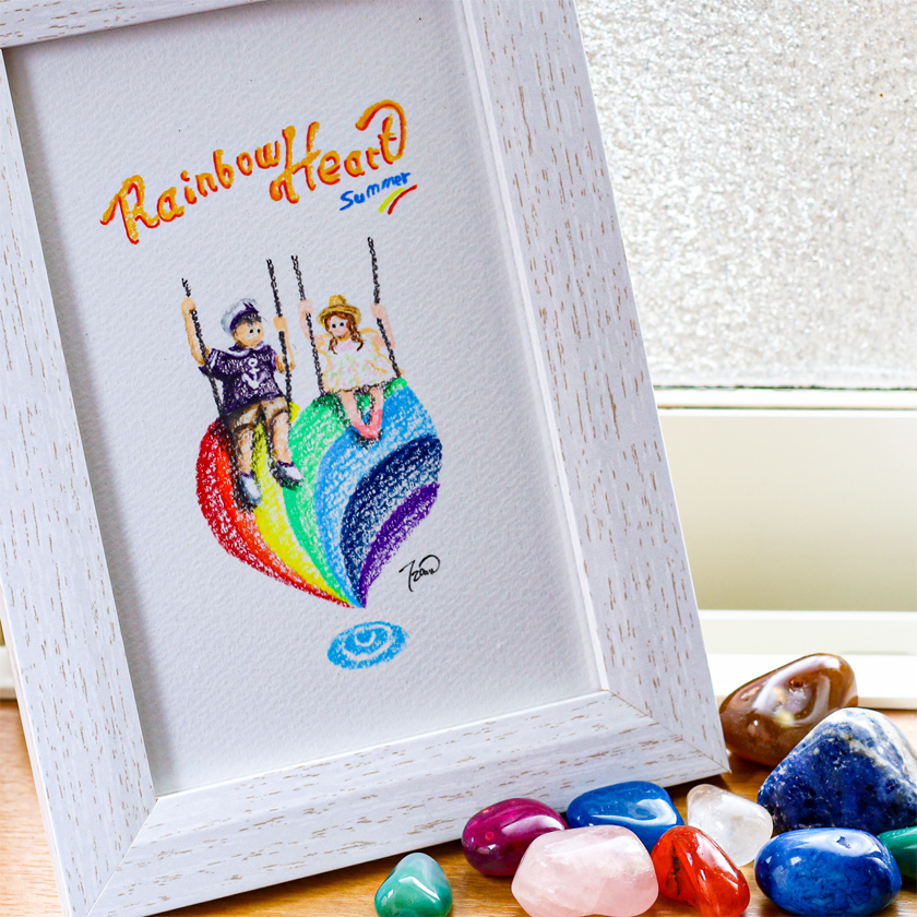 moguの色鉛筆画　ほのぼの可愛い癒し　レインボーハート・夏