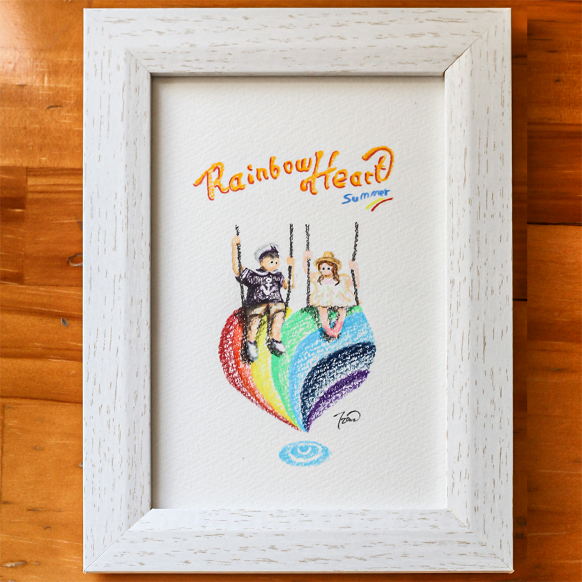 moguの色鉛筆画　ほのぼの可愛い癒し　レインボーハート・夏